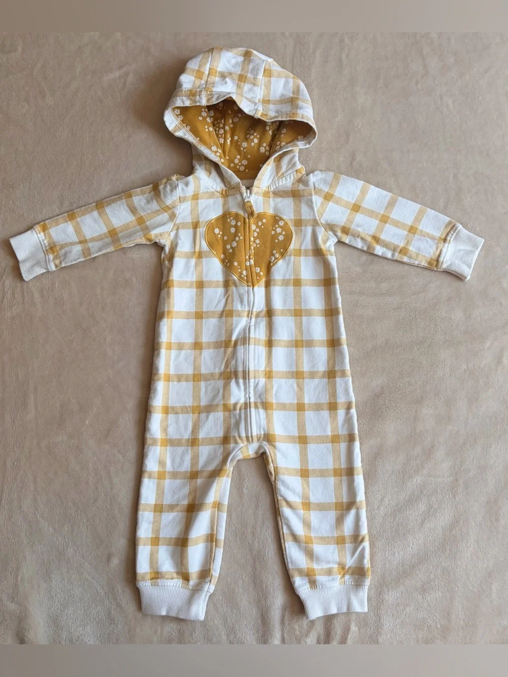 Girls 12M Mustard Plaid One Piece Outfit - Floral Heart Zip Up Jumpsuit W/ Hood